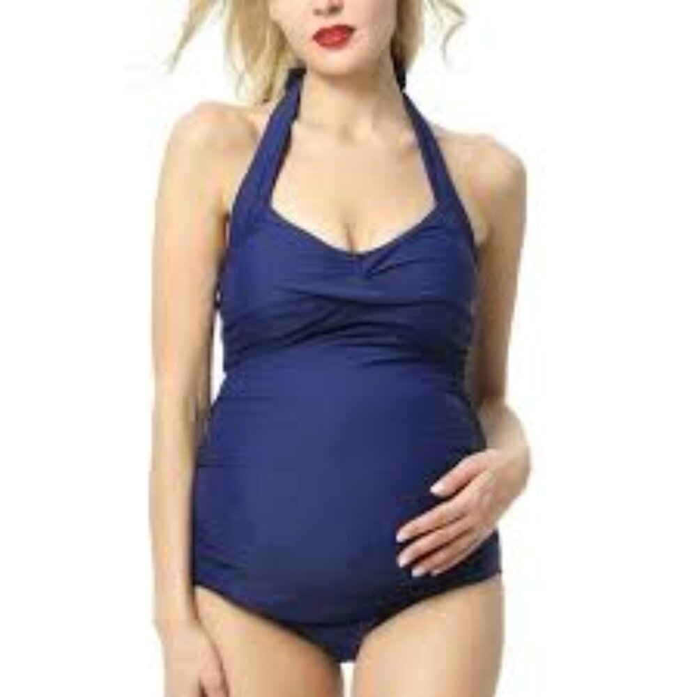 Glow & Grow Maternity Women's UPF 50+ One Piece Swimsuit in Slate Blue NWT